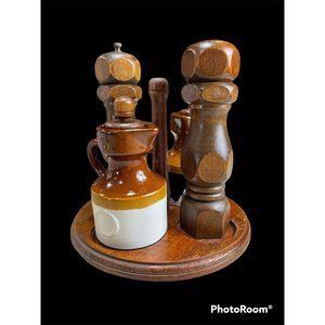 Vintage Lazy Susan Salt, Pepper, Creamer, Sugar Wooden Caddy, made in Taiwan